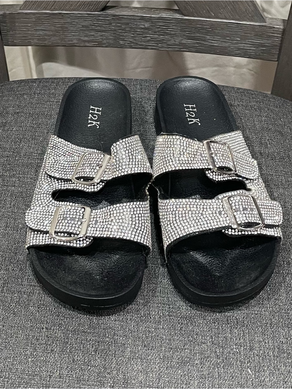 Silver Crystal Buckle Slide Sandals - Women